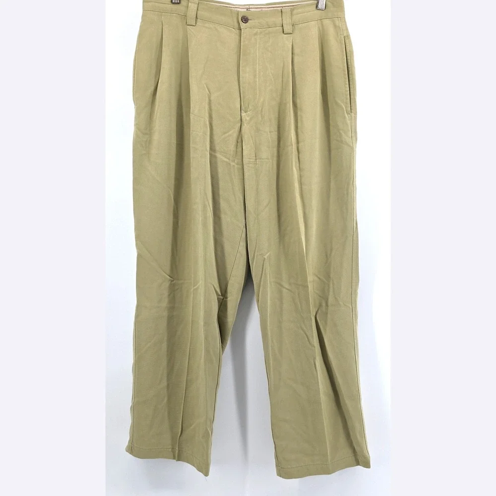 Tommy Bahama 100% Silk Pleated Pants Mens 34 Tan Khaki Tropical Resort Trousers